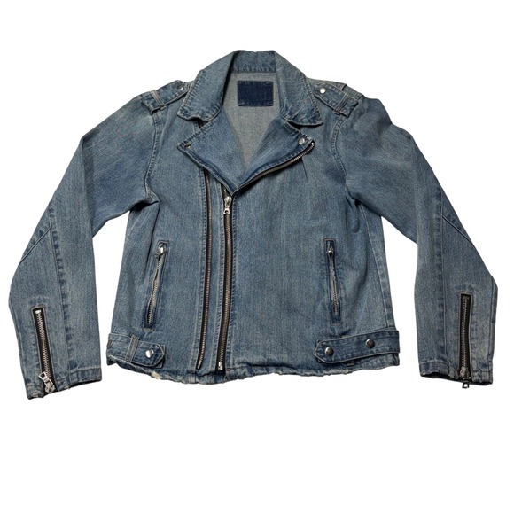 Jackets & Blazers - Denim Moto Jacket Womens Light Wash Asymmetrical Zip Distressed Blue Medium